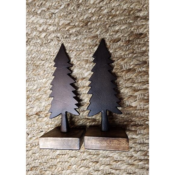 2 Black Bronze Painted Cast Iron Christmas Trees Holiday Decor Festive Tabletop - Picture 2 of 6